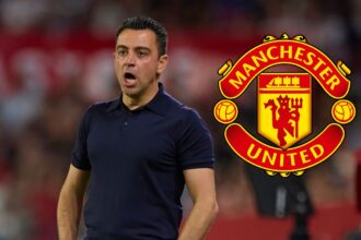 Xavi shouts from the touchline - with the Man United badge attached