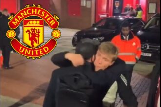 Peter Schmeichel having a talk with Rasmus Hojlund, with the pair embracing