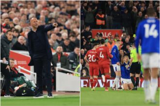 Arne Slot reacts during Liverpool vs Everton