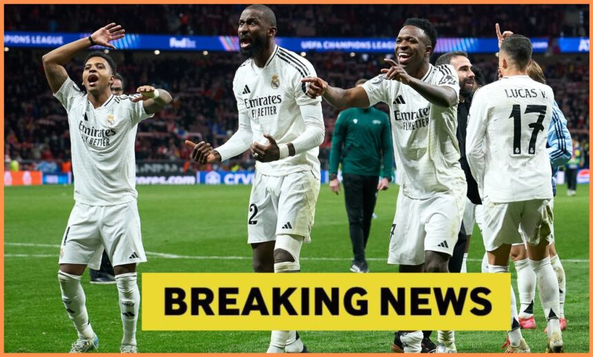 Rodrygo Goes, Antonio Rudiger and Vinicius Junior celebrate Real Madrid