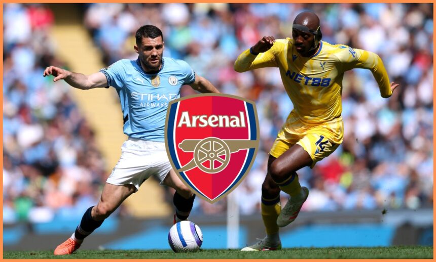 Jean-Philippe Mateta and the Arsenal logo