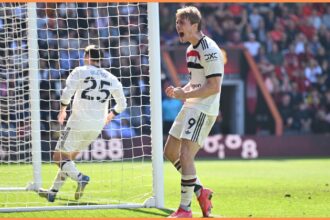 Rasmus Hojlund celebrates scoring for Man Utd against Bournemouth