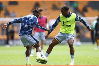 Mathys Tel in the Tottenham pre-match warm-up
