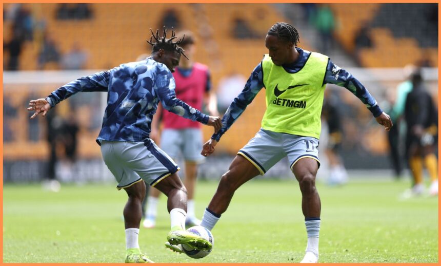 Mathys Tel in the Tottenham pre-match warm-up