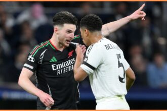 Declan Rice arguing with Jude Bellingham