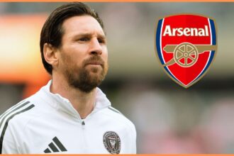 Lionel Messi of Inter Miami and the Arsenal FC logo