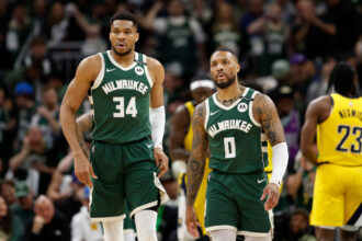 Giannis Antetokounmpo makes Damian Lillard point after Milwaukee Bucks lose playoff series to Indiana Pacers