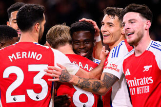 Arsenal star Bukayo Saka celebrating goal vs Fulham