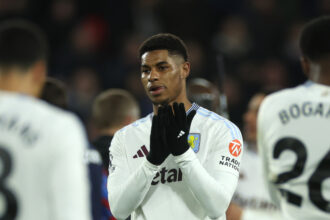 Marcus Rashford of Aston Villa acknowledges the fans after the Premier League match against Crystal Palace.