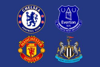 The crests of Chelsea, Everton, Manchester United and Newcastle United who are all said to be interested in signing Liam Delap