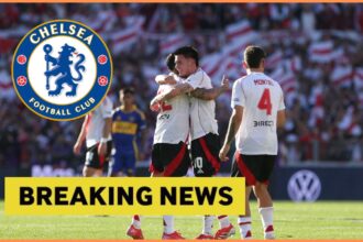 Franco Mastantuono celebrates with his River Plate teammates during the game against Boca Juniors