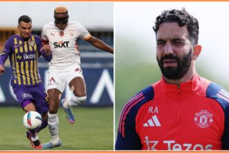 Victor Osimhen in action and Ruben Amorim in Man Utd training