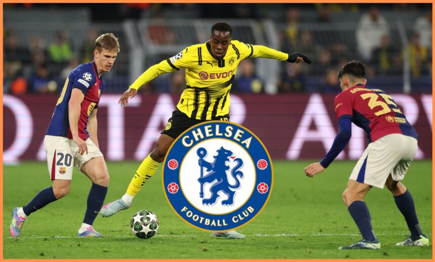 Jamie Gittens in action for Borussia Dortmund against Barcelona