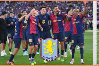 Barcelona players celebrate after beating Real Madrid