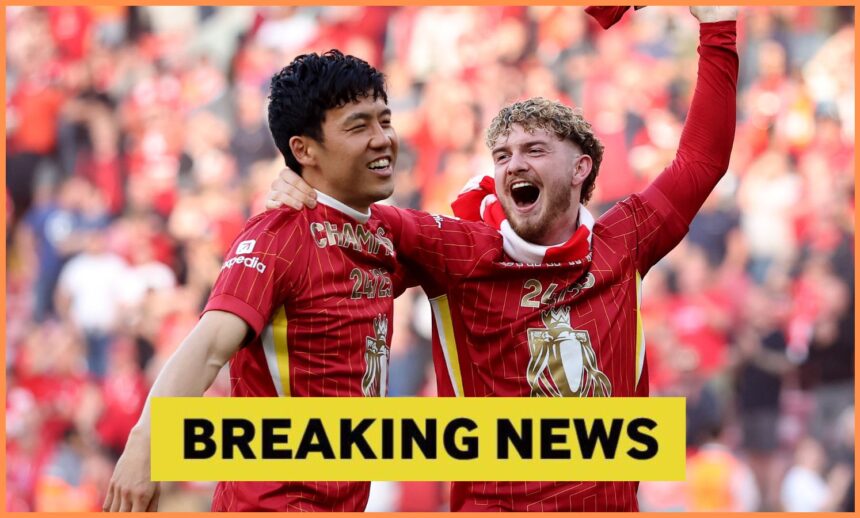 Wataru Endo and Harvey Elliott celebrate Liverpool