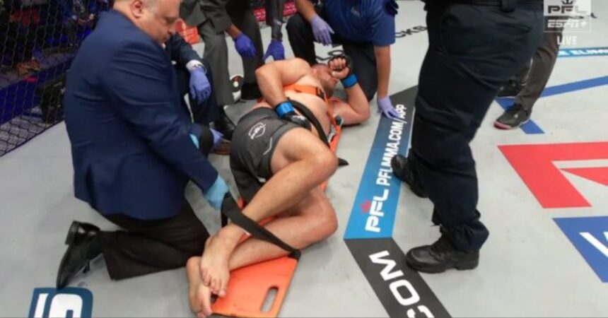 Alexandr Romanov Carried Off on a Stretcher After Suffering Brutal Low Blow - PFL 7 Highlights