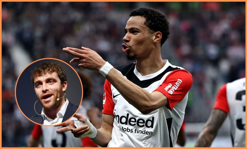 Hugo Ekitike celebrates a goal for Eintracht Frankfurt