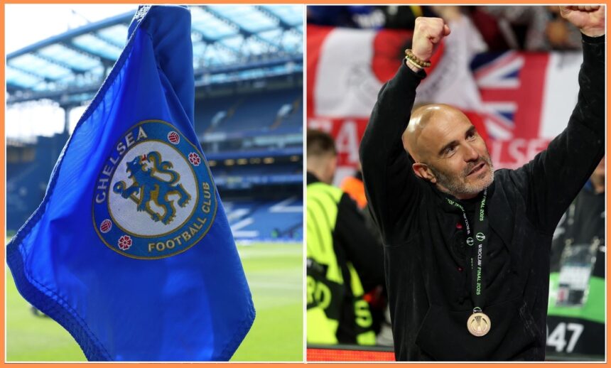 Enzo Maresca and the Chelsea logo