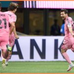 Lionel Messi celebrates scoring his free-kick goal for Inter Miami at the Club World Cup