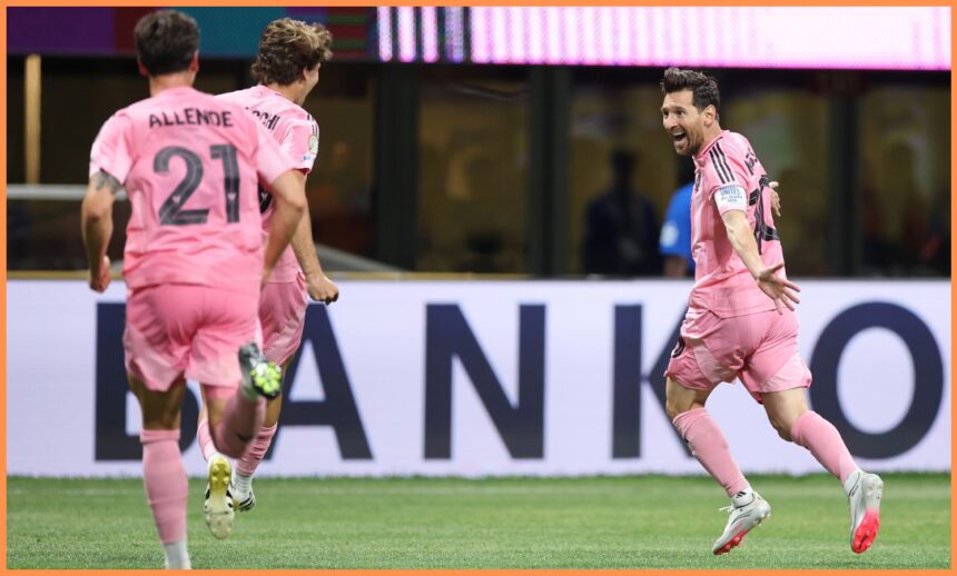 Lionel Messi celebrates scoring his free-kick goal for Inter Miami at the Club World Cup