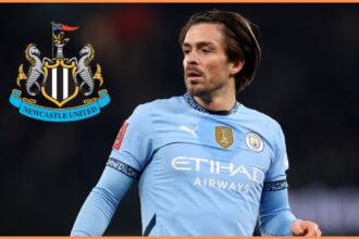 Jack Grealish in action for Manchester City, plus Newcastle United club badge