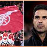Arsenal players at the Emirates Stadium and Mikel Arteta
