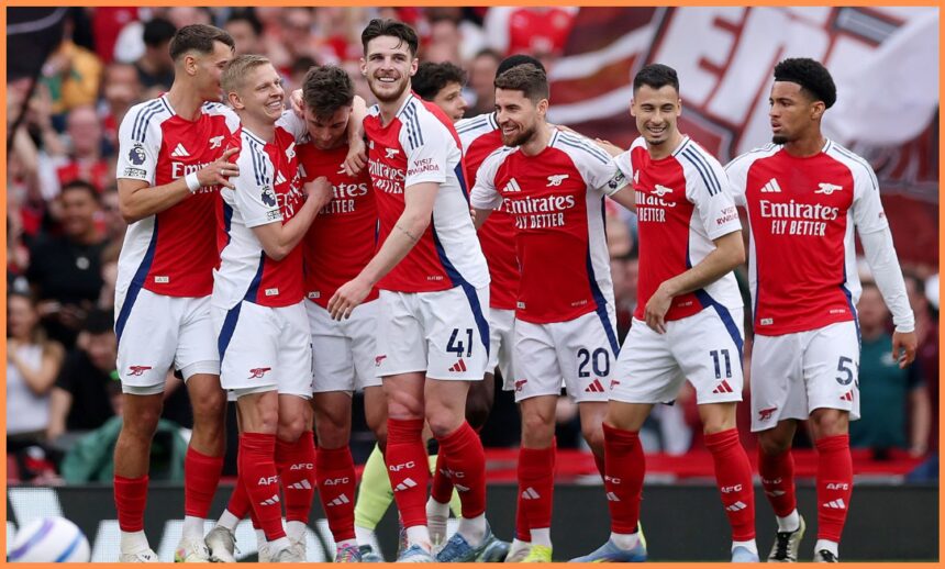Arsenal players celebrate against Brentford at the Emirates Stadium