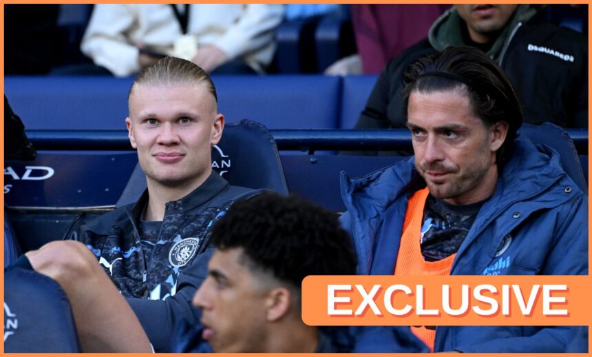 Erling Haaland and Jack Grealish on the Manchester City bench