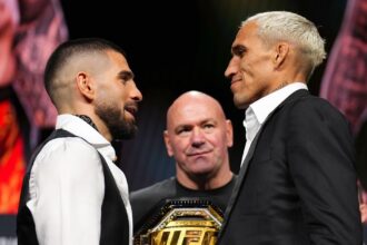 Watch Ilia Topuria, Charles Oliveira exchange words during faceoff ahead of UFC 317