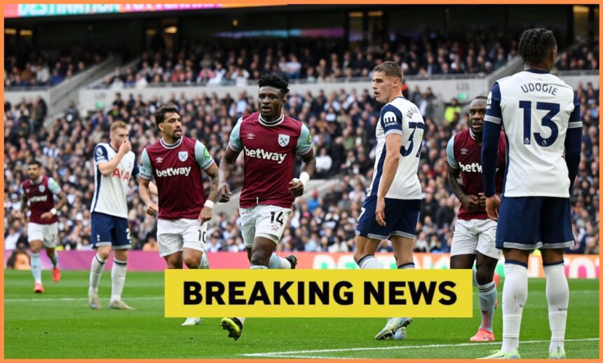 Mohammed Kudus celebrates scoring for West Ham vs Tottenham