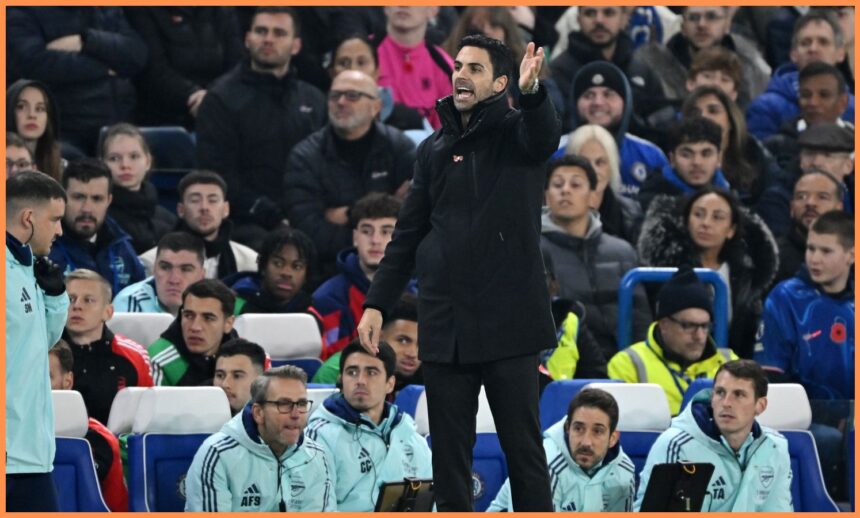 Arsenal manager Mikel Arteta shouts instructions against Chelsea