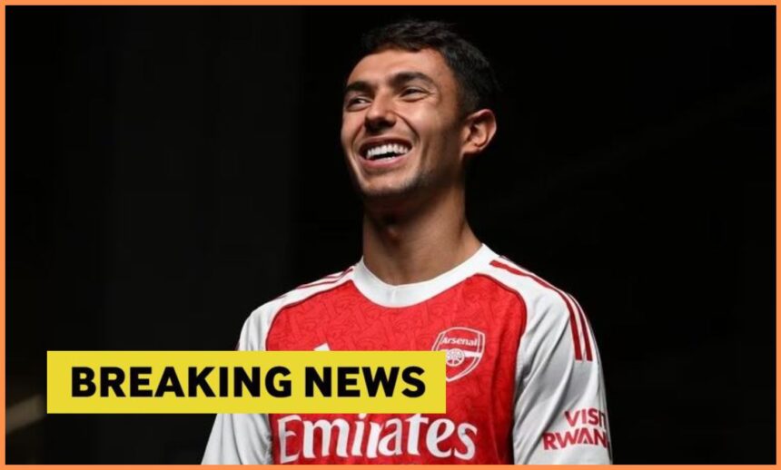 Martin Zubimendi poses in his Arsenal kit, plus breaking news banner