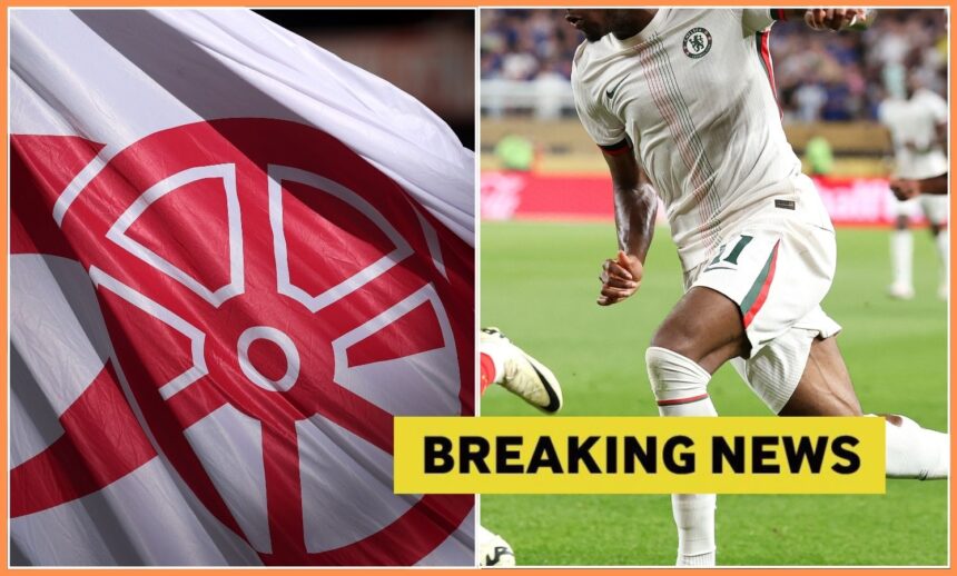 Noni Madueke in action and an Arsenal FC flag