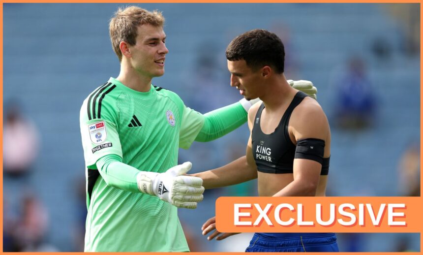 Bilal El Khannouss and Mads Hermansen of Leicester City