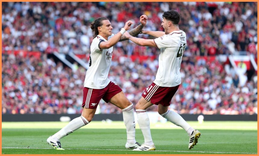 Riccardo Calafiori celebrates after scoring for Arsenal against Manchester United