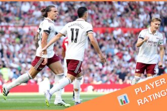 Riccardo Calafiori celebrates scoring for Arsenal against Manchester United