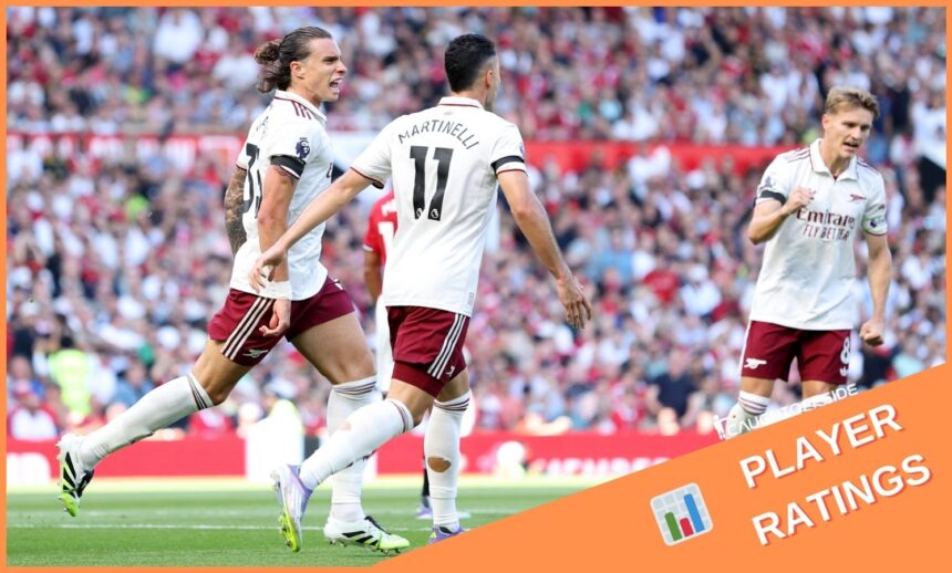 Riccardo Calafiori celebrates scoring for Arsenal against Manchester United