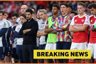 Mikel Arteta and his Arsenal players look on