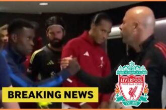 Virgil van Dijk reacts as Arne Slot shakes hands with Marc Guehi