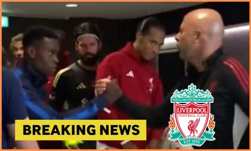 Virgil van Dijk reacts as Arne Slot shakes hands with Marc Guehi