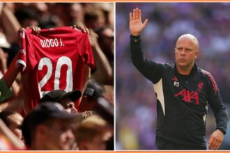 A Diogo Jota shirt in the crowd, and Liverpool manager Arne Slot