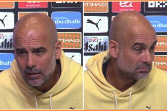 Pep Guardiola reacts during a press conference