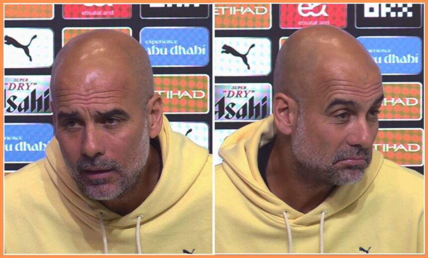Pep Guardiola reacts during a press conference