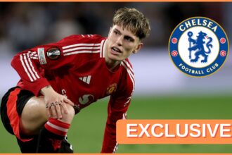 Alejandro Garnacho of Man Utd, Chelsea FC logo, and