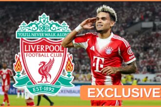 Luis Diaz shares a salute gesture next to Liverpool club crest.