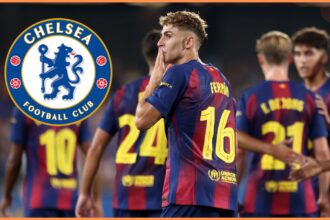 Fermin Lopez celebrates a goal for Barcelona, and the Chelsea FC logo