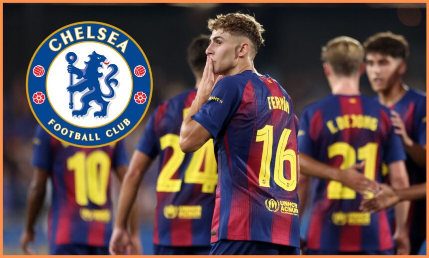 Fermin Lopez celebrates a goal for Barcelona, and the Chelsea FC logo