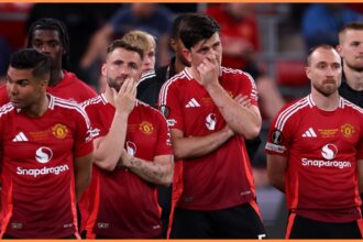 Harry Maguire and Luke Shaw react to Man United