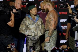 Jake Paul towers over Tank Davis in first faceoff ahead of boxing exhibition