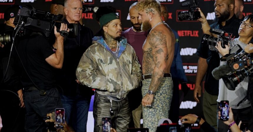 Jake Paul towers over Tank Davis in first faceoff ahead of boxing exhibition